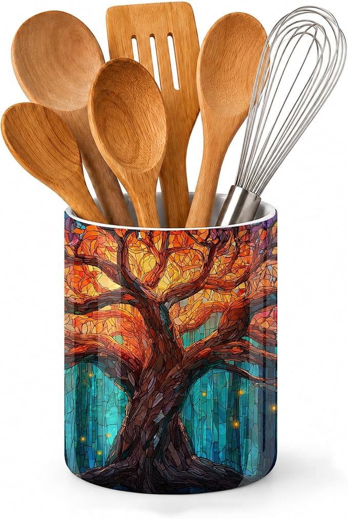 Tree of Life Kitchen Utensil Holder,Shining Brightly Large Ceramic Utensil Crock for Countertop,Cooking Utensil Organizer for Spatulas,Spoons