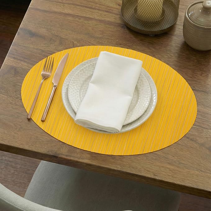 AHHFSMEI Oval Placemats Set of 6 Woven Vinyl Non-Slip Heat Resistant Stain Resistant Easy Clean Place mats for Dining Table(Yellow)