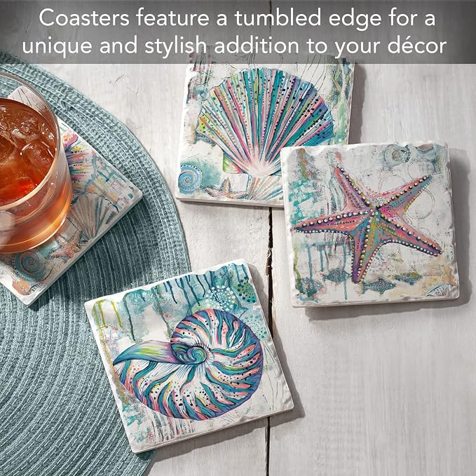 Thirstystone Jewels of The Sea 4 Pack Assorted Tumbled Tile Stone Coasters with Protective Cork Backing Manufactured in The USA Absorbent Easily Wipes Clean