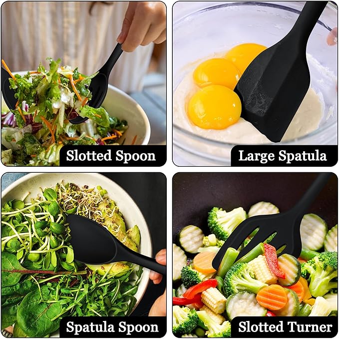 LIANYU 8Pcs Cooking Utensils Set, Heat Resistant Kitchen Utensils, Silicone Utensils Spatula Set for Nonstick Cookware with Spatula, Ladle, Turner, Spoon, Dishwasher Safe, Black