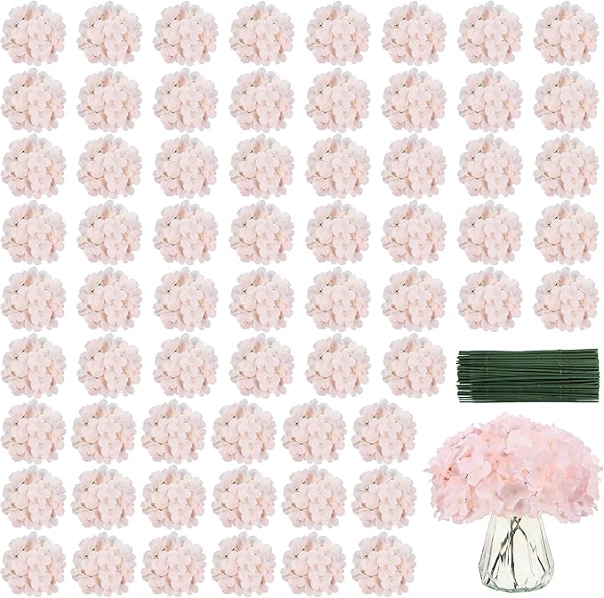 64 PCS Silk Hydrangea Flowers with Detachable Stems, Full Artificial Hydrangea Heads for Wedding Centerpieces, Bridal Shower Bouquets, DIY Floral Arrangements & Home Decor