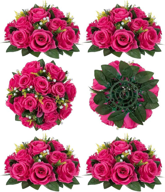 BLOSMON Pink Roses Artificial Flowers: 6 Pcs Fake Flower Balls Table Decor | Wedding Dinning Table Centerpieces - Fake Silk Kissing Bouquet with base for Home Party Event Decor