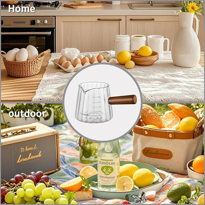 Mongdio 6OZ Espresso Shot Cup, Espresso Measuring Cup with Wooden Handle, Glass Measuring Cup with Dual Scale Markings, Coffee Essentials for Coffee, Milk