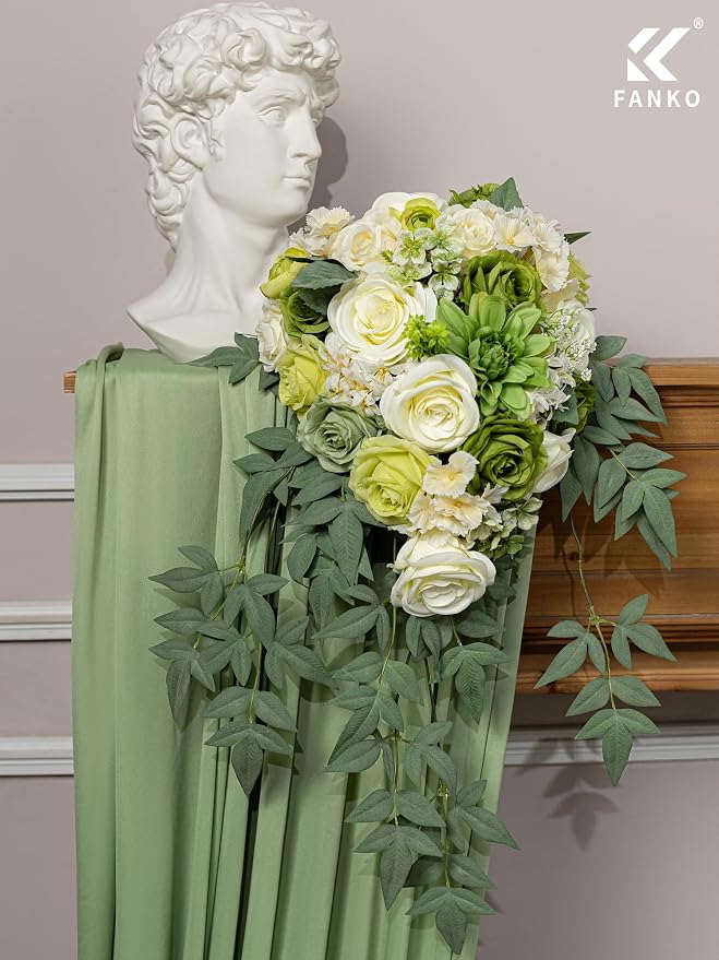 FANKO Artificial Flowers for DIY, Green White Faux Flowers Bouquet, Fake Rose Dahlia Daisy Hydrangea Silk Flowers for Vase, Home Decor, Garlands, Garden Wedding, Party, Housewarming