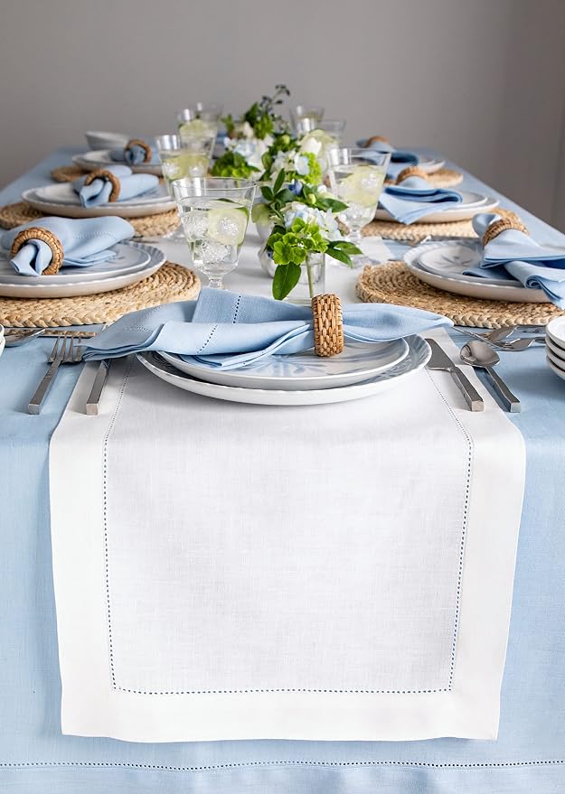 Solino Home Linen White Table Runner 132 Inches Long - 100% Pure Linen Extra Long Table Runner 14 x 132 Inch for Summer, 4th of July - Classic Hemstitch