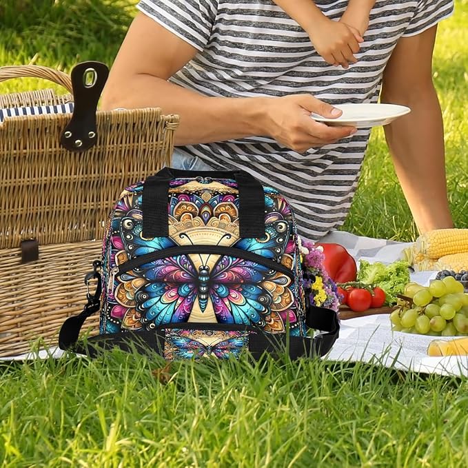 Butterfly Boho Colorful Insulated Lunch Bags for Women Girls Adult Ethnic Reusable Lunch Tote Therma Cooler Bag with Shoulder Strap Lunch Box for School Work Office Picnic Meal Prep Bag