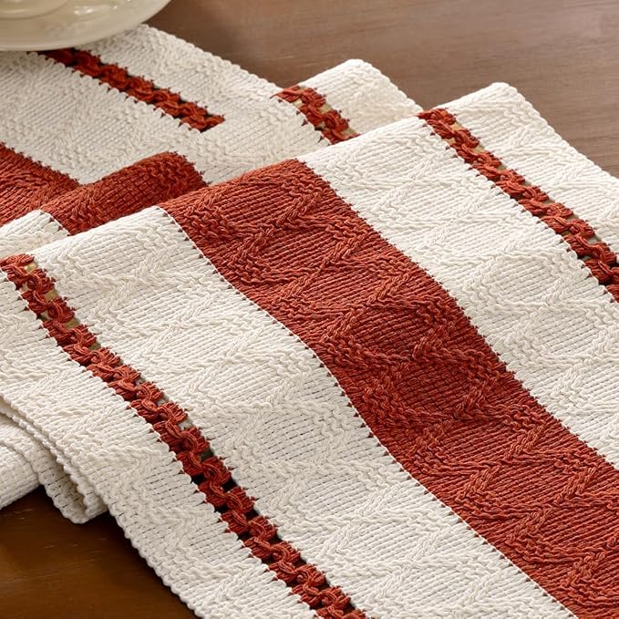 Boho Woven Cotton Linen Table Runner Terracotta & Ivory 11"x48" with Tassels Rustic Macrame Farmhouse Table Runner for Summer Dining Room Wedding Kitchen Party