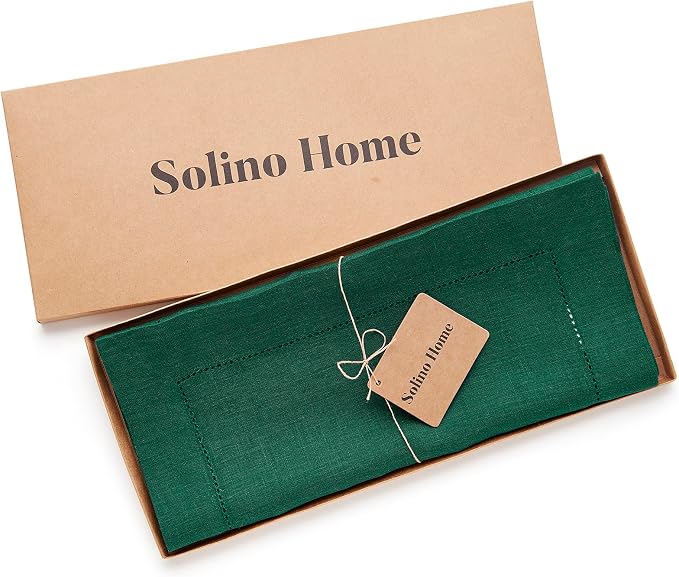 Solino Home Linen Rainforest Green Table Runner 120 Inches Long - 100% Pure Linen Hemstitch 14 x 120 Inch Table Runner for Dining - Classic Hemstitch