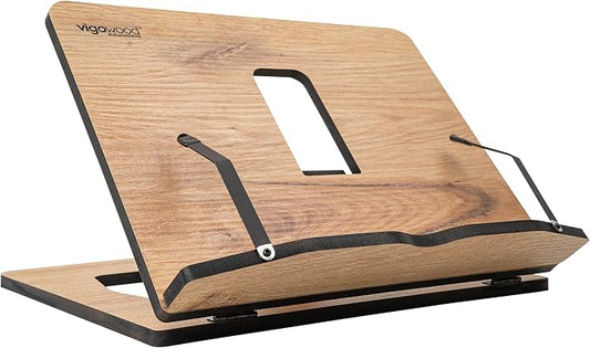 Vigo Wood Book Stand, Book Holder, Reading Stand, Cookbook Holder, Recipe Book Stand, Wooden Book Stands for Reading, Cookbook Stand for Kitchen, Book Holder for Reading in Bed (Oak)