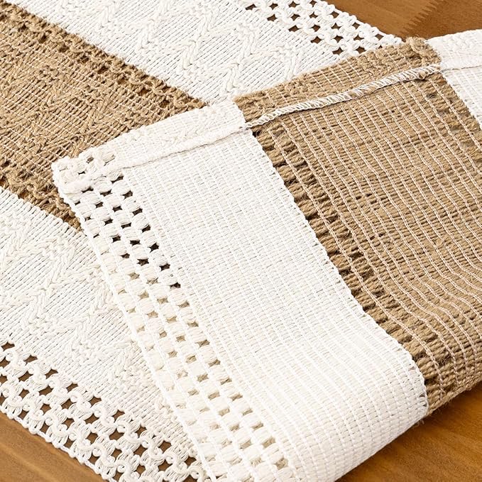 MLMC Ivory & Burlap Boho Table Runner Farmhouse Cotton Burlap Woven Table Runner 90 inch Long Rustic Seasonal Table Decor for Dinning Kitchen Wedding Bridal Shower Eveyrday Use 12x90 Inch