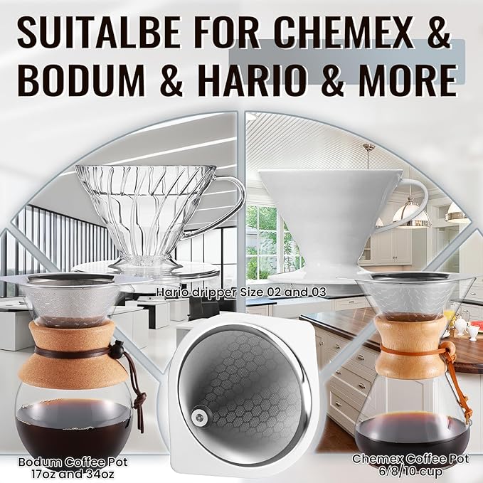Reusable Stainless Steel Coffee Filter for Chemex 6/8/10 Cup, Bodum & Hario V60, Fine Mesh Paperless Pour Over Coffee Dripper