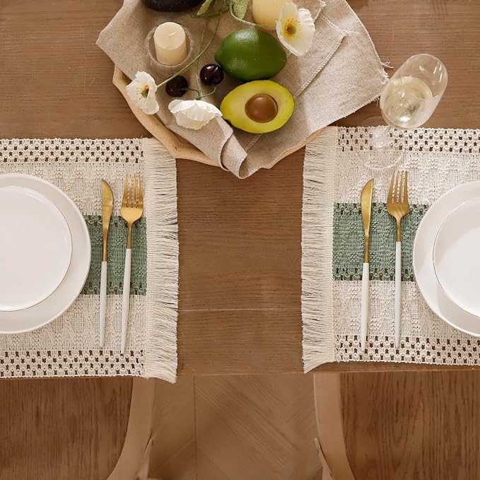 Green Placemats Set of 4 Macrame Table Decor with Fringe Boho Farmhouse Woven Table Placemats in Natural Burlap for Kitchen and Dining Table Centerpiece Home Decorations