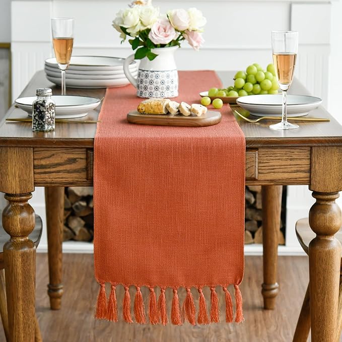 Artoid Mode Terracotta Orange Tassel Table Runner, Fall Linen Blend Rustic Farmhouse Style Kitchen Table Decoration Holiday Wedding Party Dinning Decor 13x90 Inch
