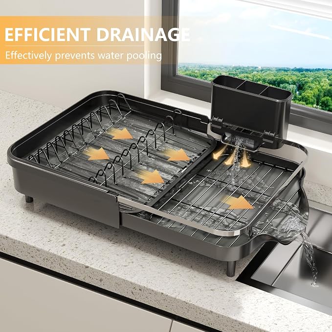 Expandable Dish Drying Rack，Dish Rack for Kitchen Counter-Dish Drainer with Efficient Drainage, Drainboard Set, and Utensil Holder, Over the Sink Dish Drainer Drying Rack