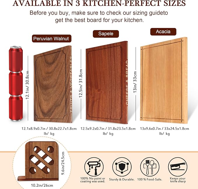 3-Piece Wooden Cutting Boards Set Like Books Wood & Brown | Acacia, Sapele & Peruvian Walnut Book Shaped Cutting Board with Stand Decorative & Functional Cutting Boards for Kitchen