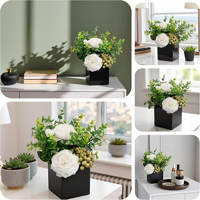 Artificial Flower Arrangement in Black Vase，Floral Centerpiece Table Decor | ﻿ White Artificial Rose Flower Arrangement Set, Faux Eucalyptus Berry Bouquet with Black Square Ceramic Pot for Table Decor