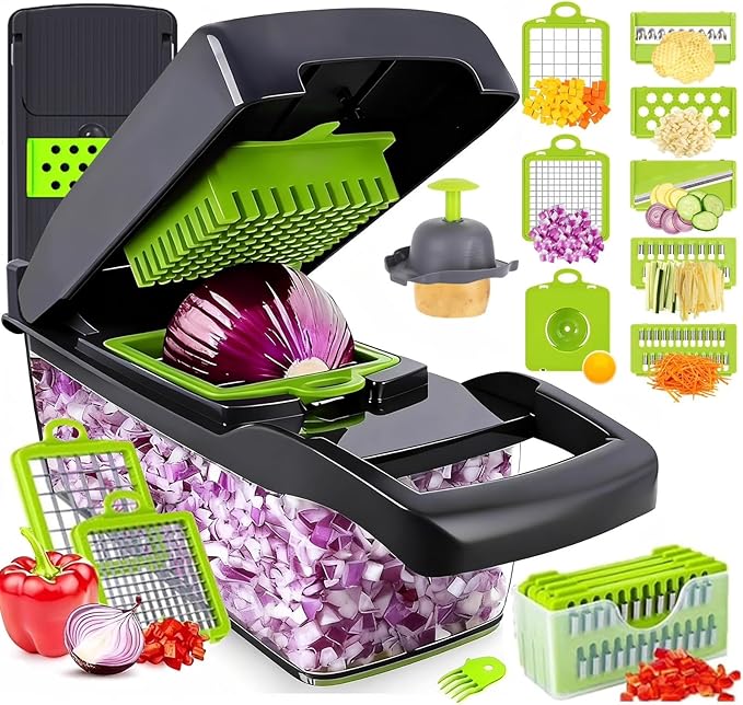 Vegetable Chopper Pro, Mandoline Slicer – 7 Stainless Steel Blades for Onion, Potato, Salad – Safe, Easy Clean & Dishwasher Safe Kitchen Gadget – Ideal for Parents, RV