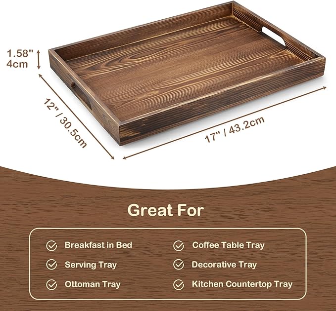 17 Inch Burnt Wood Serving Tray with Handles - Large Wooden Tray for Ottoman, Breakfast in Bed, Dinner, Coffee Table - Decorative Brown Rectangular Tray for Living Room Entryway and Kitchen Decor