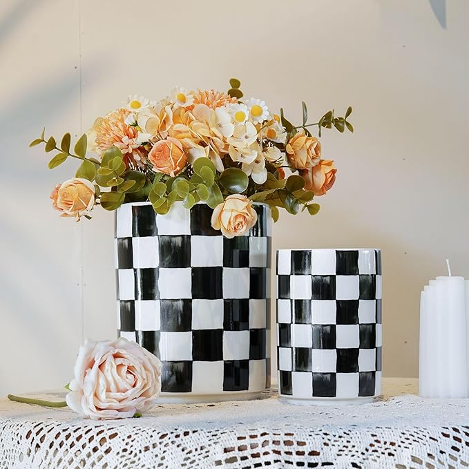 Utensil Holder, 7.2"+5.4" Checkered Ceramic Utensils Holder, Large and Small Utensil Crocks for Kitchen Counter, Spatula Holder, Farmhouse Kitchen Decor
