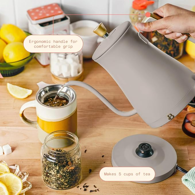 Electric Gooseneck Kettle 1 Liter 1200W Fast Boil with Precision Pour Spout, Stainless Steel Interior, Auto Shut-Off & 360° Swivel Base (Porcini Taupe)