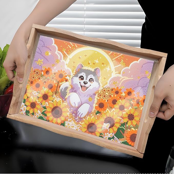 Generic DIY Diamond Serving Tray Rectangular Upgrade Increase Breakfast Tray with Handles Handmade Diamond Art Painting Wooden Tray Dinner Plate for Coffee Living Room Home Organizer-Puppy