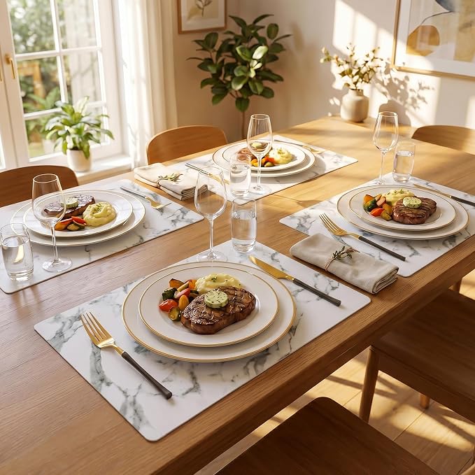 Romanstile Vinyl Placemats Set of 4-12 X 17 Inch - Faux Leather 100% Waterproof Wipeable Anti Slip Place Mats, Heat Resistant Reversible PU Table Mats for Kitchen Dining Party Outdoor, Marble