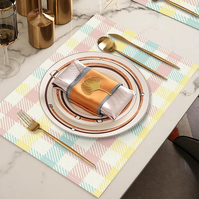 Niviy Buffalo Plaid Blue Pink Yellow Spring Easter Placemats Set of 4, 12x18 Inch Table Mat Easter Placemat Decor for Holiday Party Kitchen Dining Room Decoration