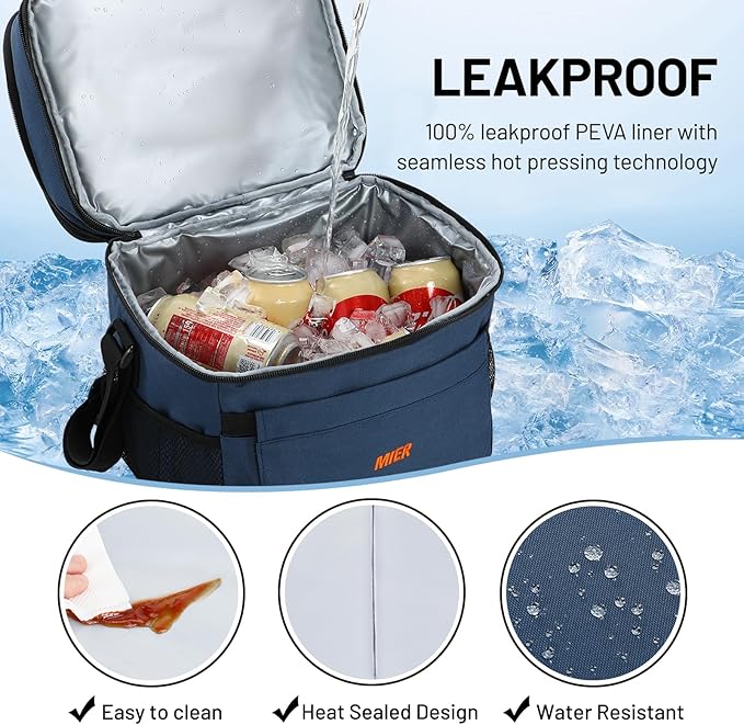 MIER Lunch Box for Men Expandable Insulated Dual Compartment Lunch Bag Leakproof Cooler Bag with Front and Back Pockets for Adult Work Travel Picnic Beach, Blue