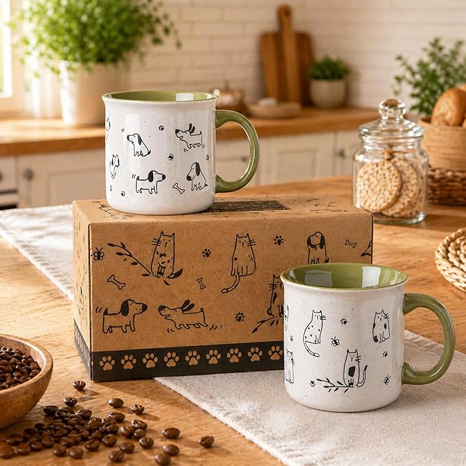 AmorArc 22 OZ Large Ceramic Coffee Mugs Set of 2, Oversized Mugs With Big Handle for Men Women Dad Mom, Big Mug With Textured Dogs Cats Patterns for Office & Home -Microwave Safe, 2 Pcs-Green