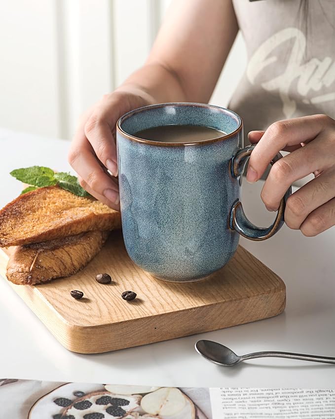 UNICASA Coffee Mug - 14 oz Ceramic Tea Cups Set of 4, Porcelain Cereal, Drinking Cups with Large Handle for Coffee, Tea, Milk, Latte and Cocoa, Soup Mug Gift Set for Men & Women - Light Blue