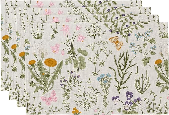 QiyI Boho Placemats Set of 4, 12x18 Inch Linen Fabric Floral Place Mats for Kitchen Dinning, Farmhouse Rustic Cloth Table Mats, Washable Placemat Botanical Party Table Décor, Wildflowers Herbs