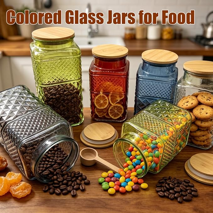 Viovian 60oz Green Glass Jar with Scoop Square Glass Storage Jars with Bamboo Lid,Vintage Glass Coffee Canister for Food Nuts Decorative