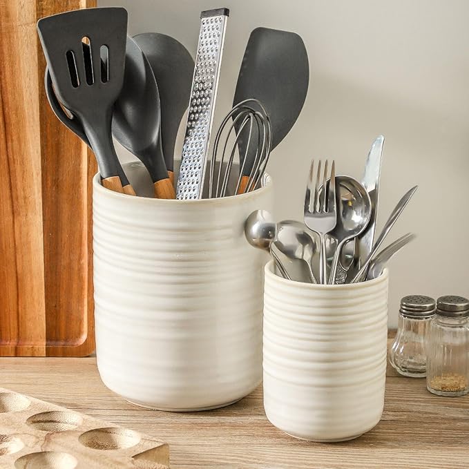 HASENSE Cooking Utensil Holder, 7.4"+5.5" Ceramic Kitchen Utensil Holder for Counter, Rustic Utensil Oganizer Crocks for Spatula, Ice Bucket Gift for Dad, Set of 2, Clay-Infused White