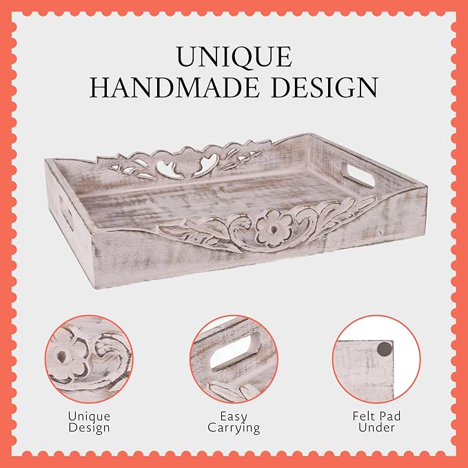 Mela Artisans 16” x 12” x 2.5” Mango Wood Orchid Serving Tray with Handles – Ottoman Distressed White– Large Handcrafted Wooden Serving Board for Coffee, Snacks & Home Décor