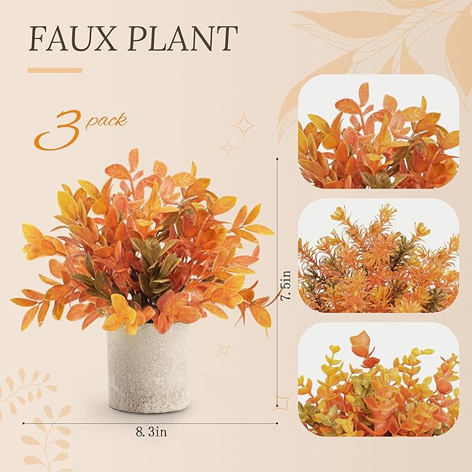 Der Rose 3 Pack Fake Plants Artificial Plastic Eucalyptus in Pot for Home Office Desk Bathroom Farmhouse Table Decor Indoor Warm Orange Accent