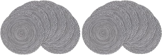 SHACOS Round Placemats Set of 6 Woven Round Table Mats 15 inch Braided Border Washable Cotton Polyester Circle Place Mats, Gray (Pack of 2)
