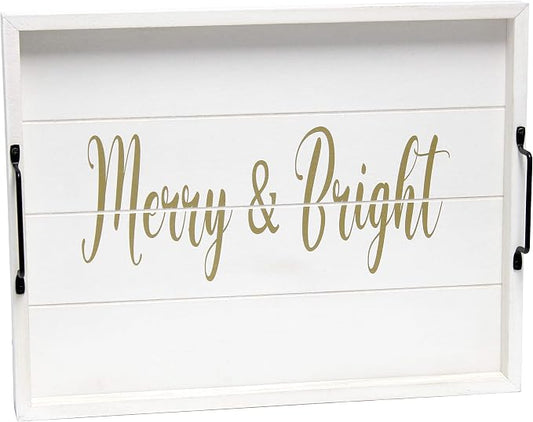 Elegant Designs HG2000-WMB Christmas Decoration 15.50" x 12", Decorative Wood Serving Tray w/Handles, White Wash Merry & Bright