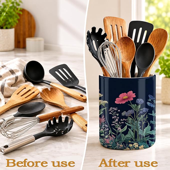 Wildflower Spring Floral Kitchen Utensil Holder,Garden Flowers Large Ceramic Utensil Crock for Countertop,Cooking Utensil Organizer for Spatulas, Spoons