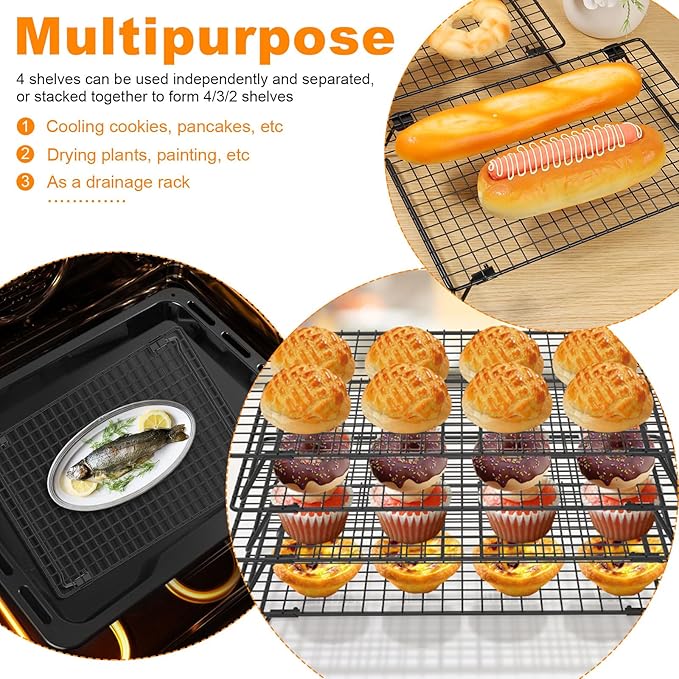 8Pcs Cooling Racks for Cooking and Baking, 8-Tier Stackable Roasting Rack, 13.4 x 9.4 Inch Carbon Steel Baking Rack for Oven Cooking, Roasting, Grilling Making Jerky (Black, 8Pcs)