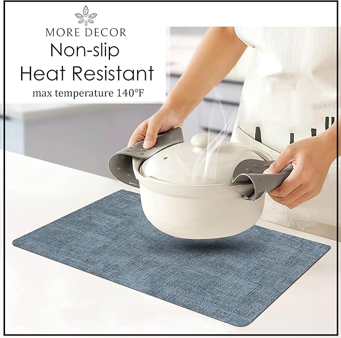 More Décor Faux Leather Placemats Set of 4 for Dining Table – Waterproof, Wipeable, Washable, Stain & Heat Resistant, Non-Slip Table Mats – 12 X 17 Inch, Blue