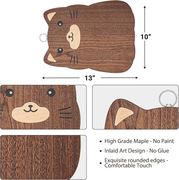 Animal Shaped Cutting Board, Decorative Hardwood Chopping Block for Kitchen Wall Hanging, Wooden (Kitten, 13"L x 10"W)