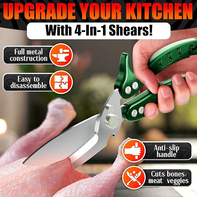 Heavy Duty Poultry Shears – Kitchen Shears Dishwasher Safe, Spring-Loaded, 3Cr14 Steel, Micro-Serrated, Separates for Easy Cleaning | Bone Scissors for Chicken, Turkey, Seafood & Fish Scale (Green)