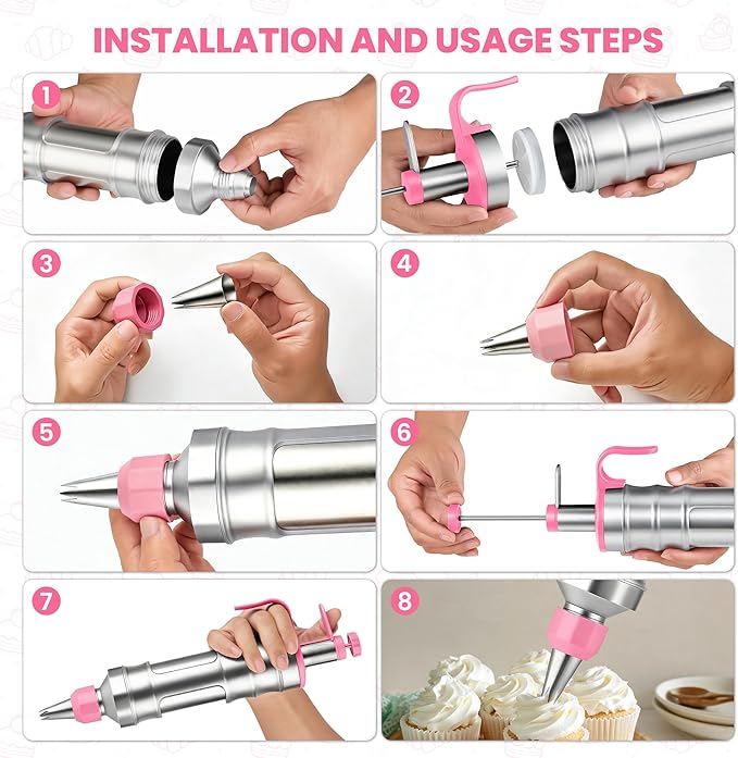Dessert Decorating Syringe Set - Cupcake Icing Piping Kit, Cupcake Frosting Filling Injector with 54 Piping Icing Nozzles, 9 Silicone Cupcakes, 3 Cream Scrapers -for Cake,Cupcakes,Cookie (69Pcs-Pink)