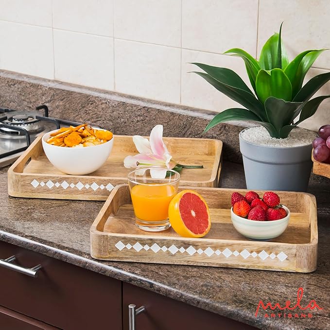 Mela Artisans Wooden Serving Tray Set of 2 with Handles | Mango Wood Decorative Trays | 15x10x1.75 & 13x9x1.75 | Ottoman Tray | Snacks | Desserts | Bread | Coffee Table | Bedroom | Rounded Edge