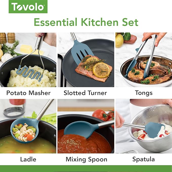 Tovolo Silicone Cooking Utensil Set of 6 Blue Slate Ladle Slotted Turner Tongs Flex Core Spatula Scraper Mixing Spoon and Potato Masher, Dishwasher Safe BPA Free Silicone Kitchen Utensils