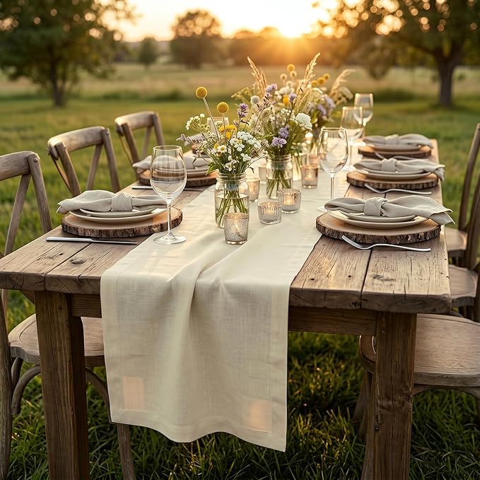 Solino Home Linen Table Runner 108 Inches Long - 100% Pure Linen Birch Table Runner 14 x 108 Inch for Spring, Summer - Fete