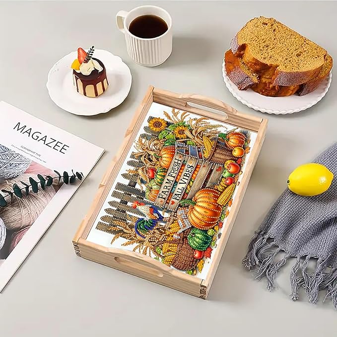 DIY Diamond Art Painting Serving Tray Creative Design Handmade Wooden Rectangular Snack Tray Dinner Plate Drill Craft for Coffee Living Room Home Organizer-Autumn Harvest