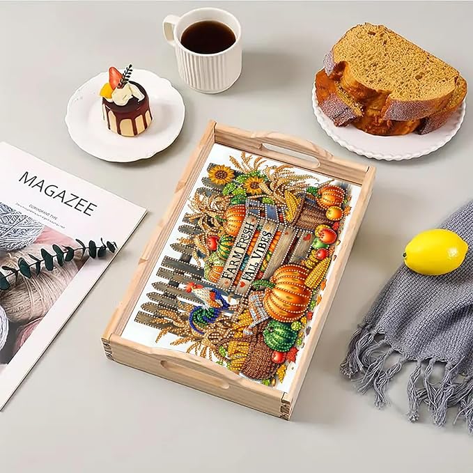 DIY Diamond Serving Tray with Handle Handmade Gem Painting Wooden Rectangular Breakfast Tray for Dinner Plate Coffee Room Living Home Organizer-Autumn Harvest