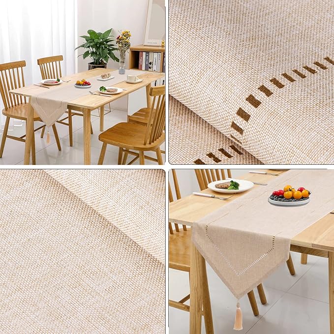 Table Runner Linen Beige 12 x 72 Inch, Tablerunner Linen Look Solid Color, Modern Easy Care Table Runner for Dining Table, Coffee Table, Restaurant,Decoration