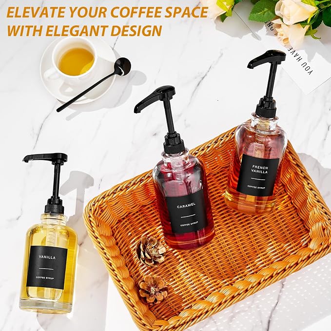 Coffee Syrup Dispenser for Bar, Glass Syrup Bottle with Pump, Coffee Pump Dispenser Bottle with Tray, Spoon for Station,16.9 oz, 500 ml